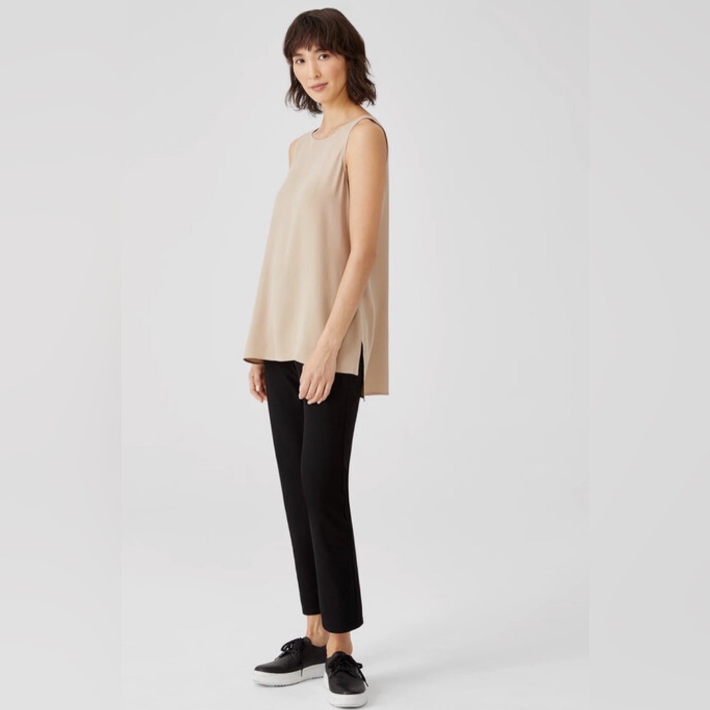 Eileen Fisher Silk Georgette Crepe Bateau Neck Long Shell Tank Top Small Petite